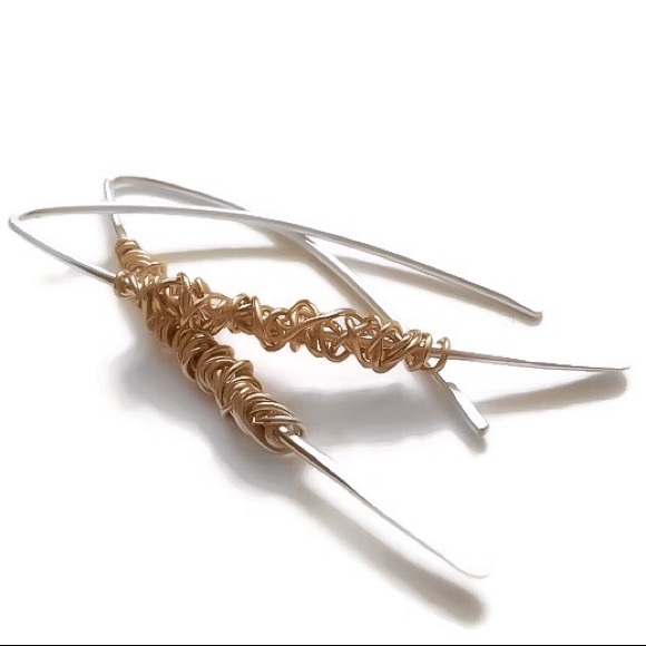925 sterling silver wire wrapped in gold hooked on open hoop threader earrings - Picture 3 of 7
